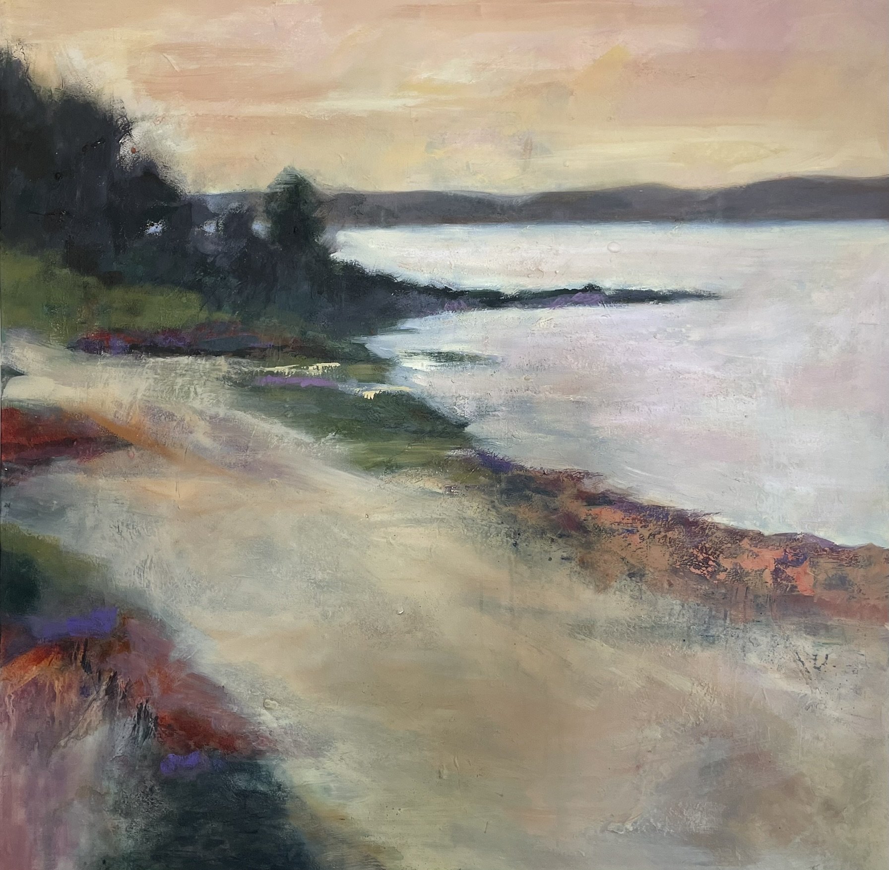  Water’s Edge,   acrylic mixmedia  2025-26  40×40”  Sold 