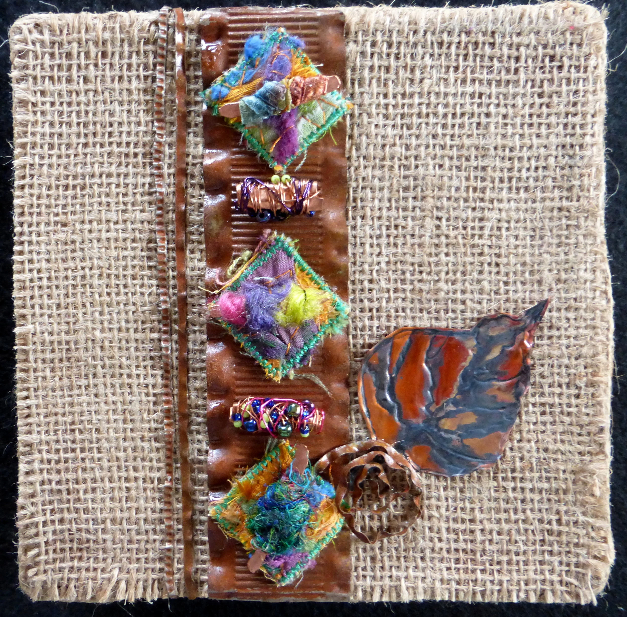 Blooming Buttons-burlap, metal, beaded copper, copper leaf, inchies.jpg