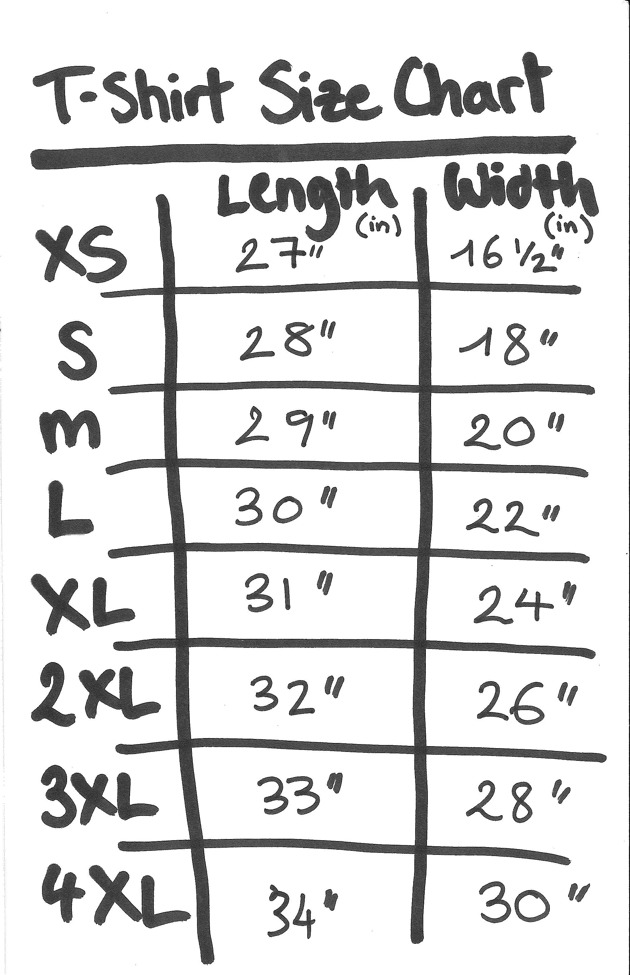 SIZE CHART T-SHIRT