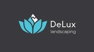 Logo for DeLux Landscaping featuring a stylized blue and white flower icon with the company name beside it on a dark background.