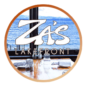 Logo for Zia's Lakefront restaurant with a view of the lake in the background