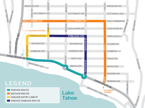Map of Lake Tahoe area showing parade, detour, and disband routes with streets labeled, including Highway Patrol, and Lake Tahoe.