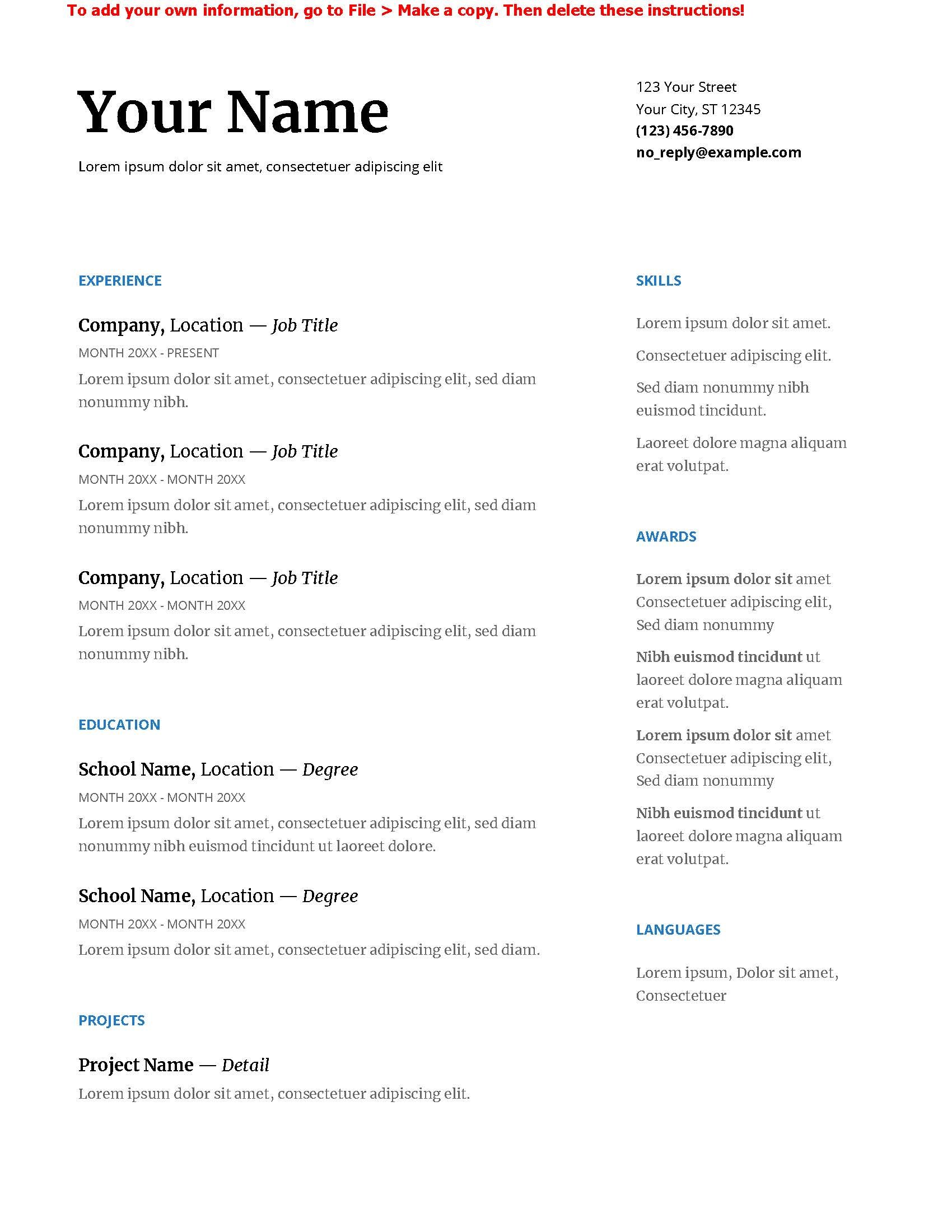 RESUME TEMPLATE A