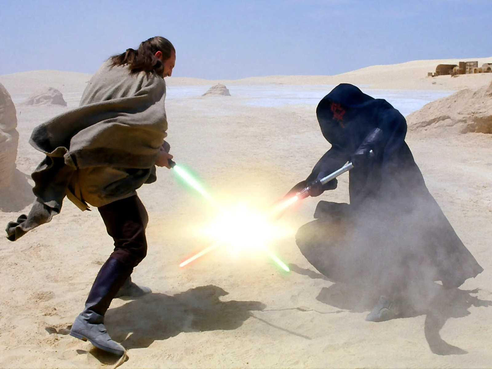 Darth Maul surprises Qui-Gon Jinn on Tatooine