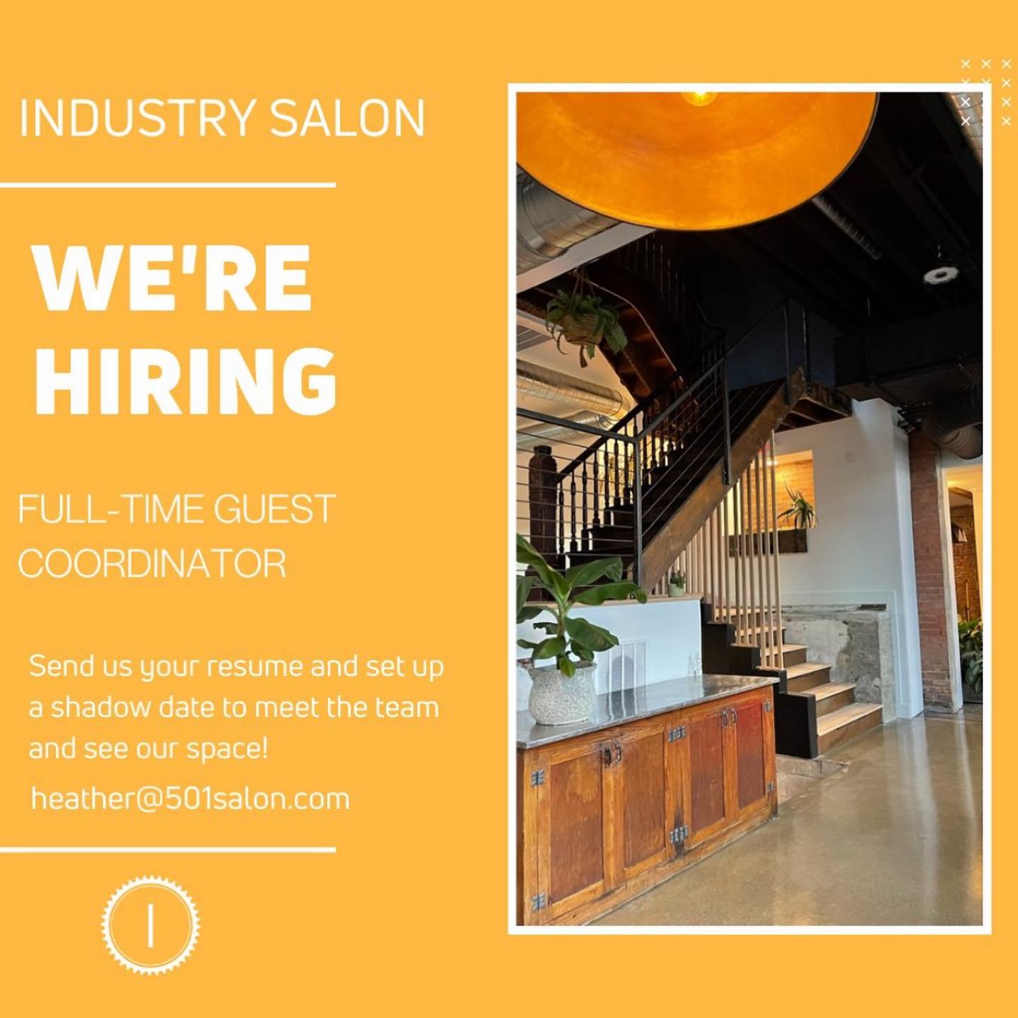 JOIN OUR TEAM 📞

We&rsquo;re Hiring for a Part/Full-Time Guest Coordinator! 🪩

Job includes great benefits, good vibes and an amazing team of coworkers + friends 

⚡️Send us your resume to heather@501salon.com ⚡️