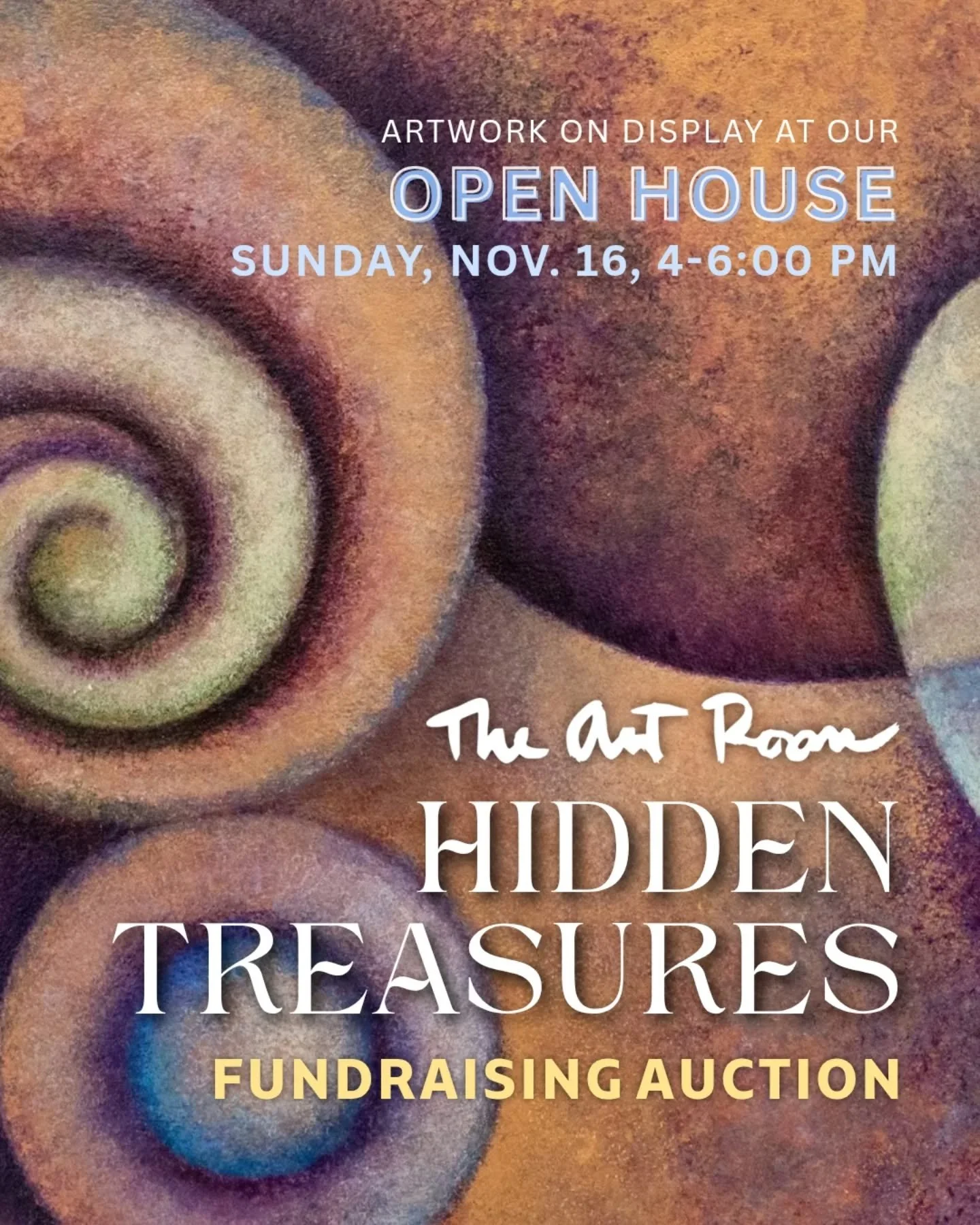 Make your Sunday plans beautiful. ✨ Swing by The Art Room's Hidden Treasures open house this Sunday afternoon from 4-6:00 to see all the gorgeous artwork we're offering in our online auction fundraiser this week!

Enjoy:
🖼️ amazing artwork 
🍪 light