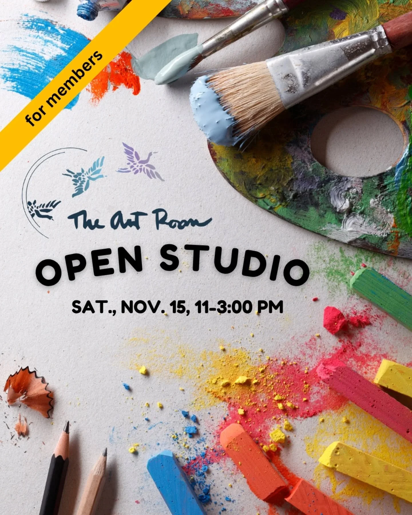Members, we're looking forward to seeing you today from 11:00 to 3:00 during Open Studio hours at The Art Room! Will you create something new or continue a current project? 🖌️🎨🧶🖼️