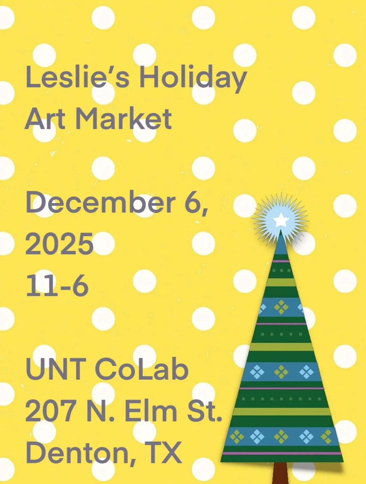 The Art Room can't wait to see you this Saturday at the annual Leslie's Holiday Art Market at @untcolab in downtown Denton!

🎄 Leslie's Holiday Art Market&nbsp;
📍 UNT CoLab, 207 N Elm St, Denton
⏰ Sat., Dec. 6, 11-6:00pm
.
.
Your purchase at our bo