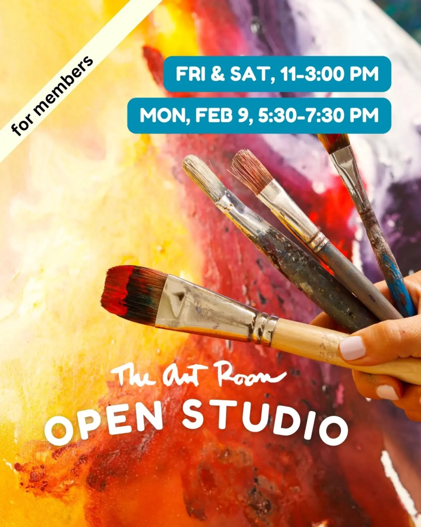 Members, we can't wait to see you at Open Studio today, tomorrow, and Monday evening! 🖌️ It's the perfect time for creativity, exploration, and self-care. ❤️

Open Studio hours:
Saturday, 11:00 to 3:00 pm
Saturday, 11:00 to 3:00 pm
Monday, Feb. 9, 5