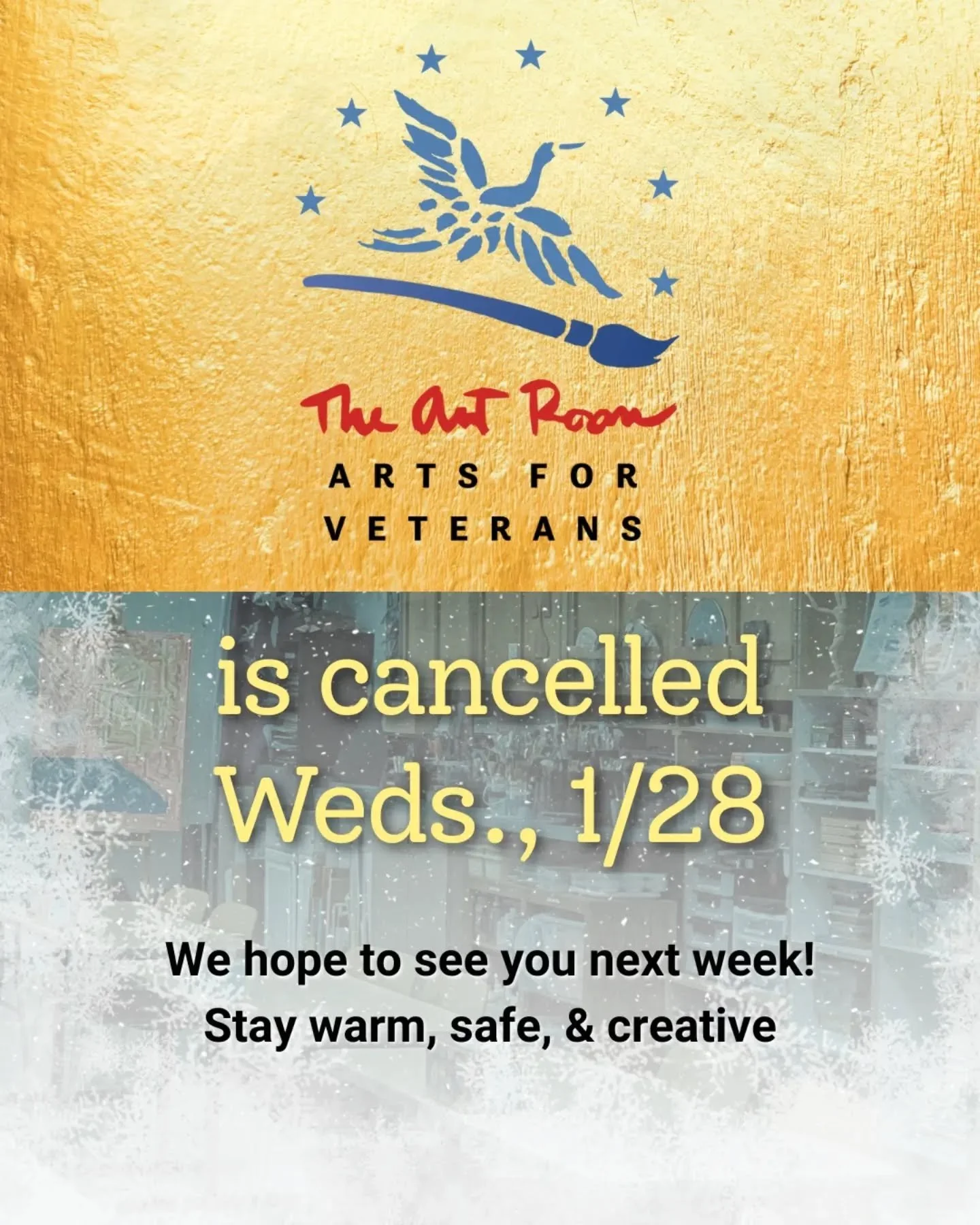 Members, out of an abundance of caution, Wednesday's Jan. 28 Arts for Veterans will be cancelled due to the weather. 

We hope you're staying warm and safe, and hope to see you next week for more creativity! 🤍❄️