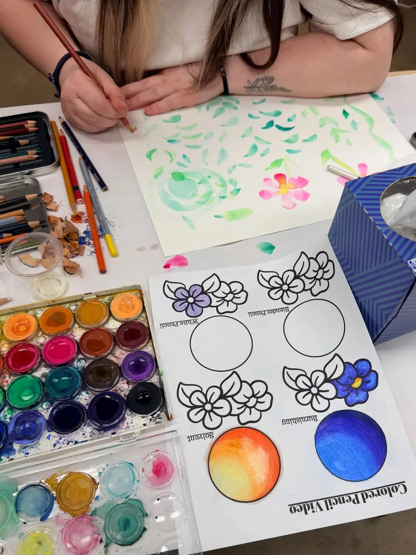 Beautiful work in progress by Members at this week's First Monday Makeshop at The Art Room!

This workshop featured colored pencil, including the four best blending methods, and creating a color pencil artwork on a base watercolor painting.&nbsp;

Th