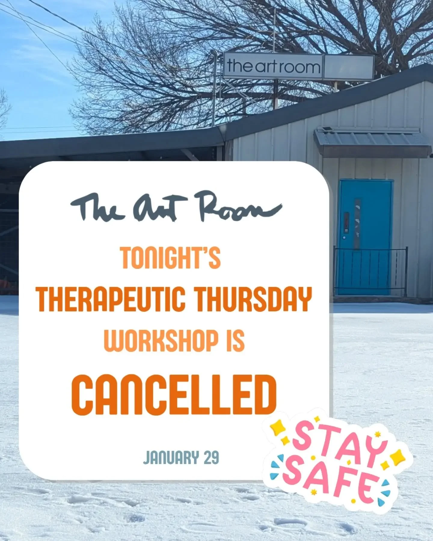 Members, tonight's Therapeutic Thursday workshop is canceled--we're being cautious due to the continued icy roads and parking lot at The Art Room. ❤️❄️

We look forward to seeing you at a future Therapeutic Thursday!