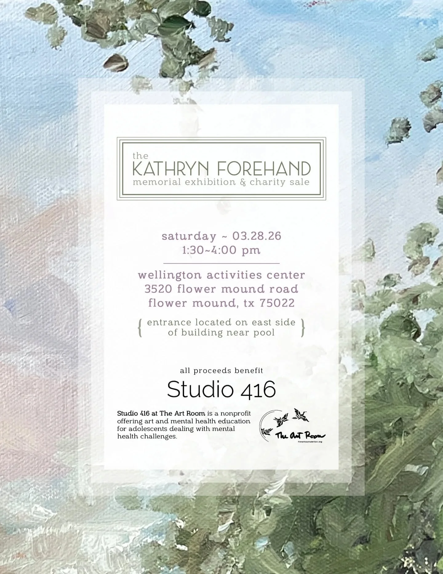The Kathryn Forehand Memorial Exhibition and Charity Sale will be March 28. The Art Room's Studio 416, our adolescent program, is honored to be the recipient of all proceeds from this event.

🗓️ Sat. 3/28, 1:30-4:00pm
📍Wellington Activities Center
