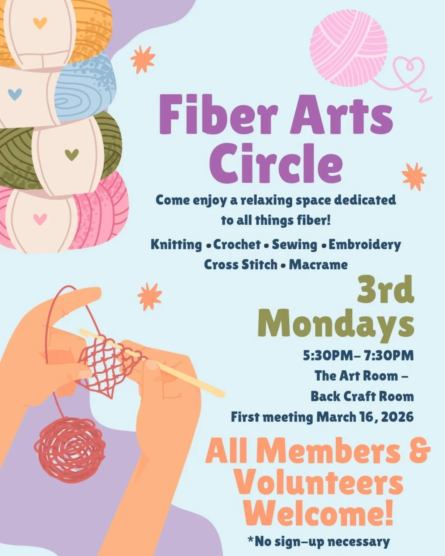 Art Room Members and Volunteers, join us Monday, March 16, from 5:30-7:30pm, for a new monthly Art Room program: The Fiber Arts Circle! 🧵

Members and Volunteers are invited to bring any fiber art project you have going (or want to start) to stitch 