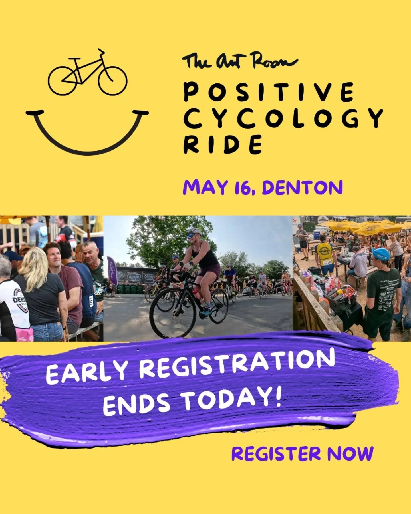 👉 Register now--don't miss our early-bird rate ENDING TODAY!

Our $40 registration rate goes up to $45 on Saturday, 4/18.

Register now and join us:
🚴 The Art Room's Positive Cycology Ride fundraiser 
🗓️ Happening Sat., 5/16, Denton

Registration 