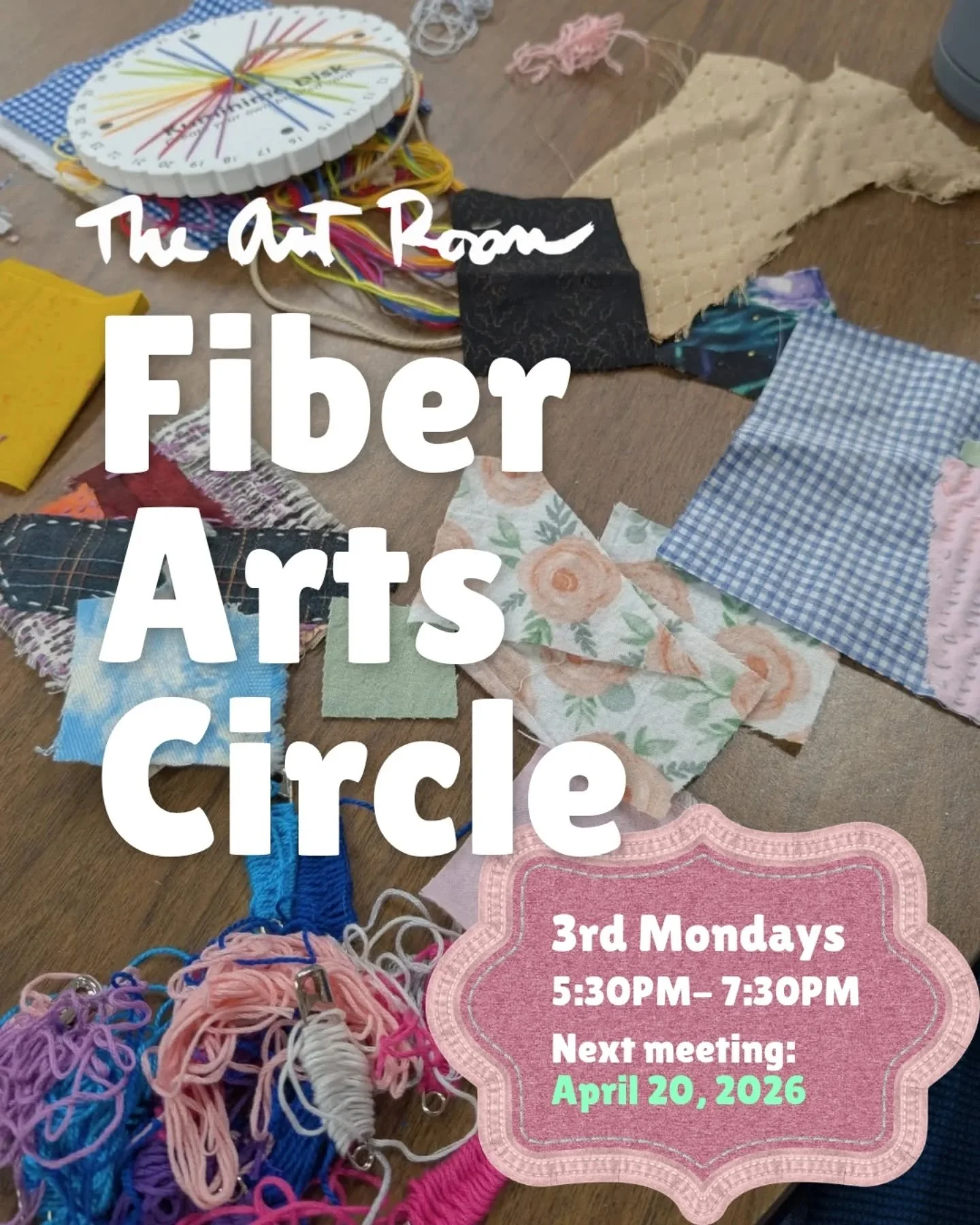 Art Room Members and Volunteers, join us Monday, April 20, from 5:30-7:30pm, for The Art Room's second Fiber Arts Circle! 🧵🧶

Adult Members and Volunteers are invited to bring any fiber art project you have going (or want to start) to stitch and ch