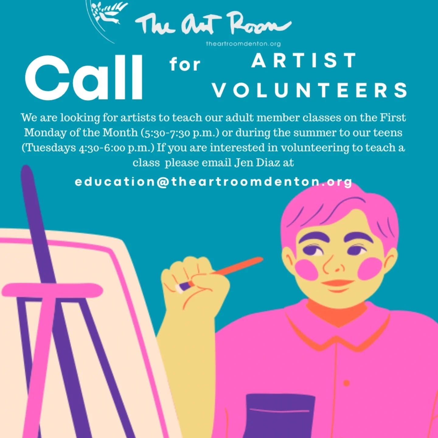 Share your passion! ✨ The Art Room is seeking artist volunteers to teach a class of their choice at our upcoming monthly First Makeshop Mondays, or during our summer weekly Studio 416 classes (our adolescent program)!

The supplies for the class you'