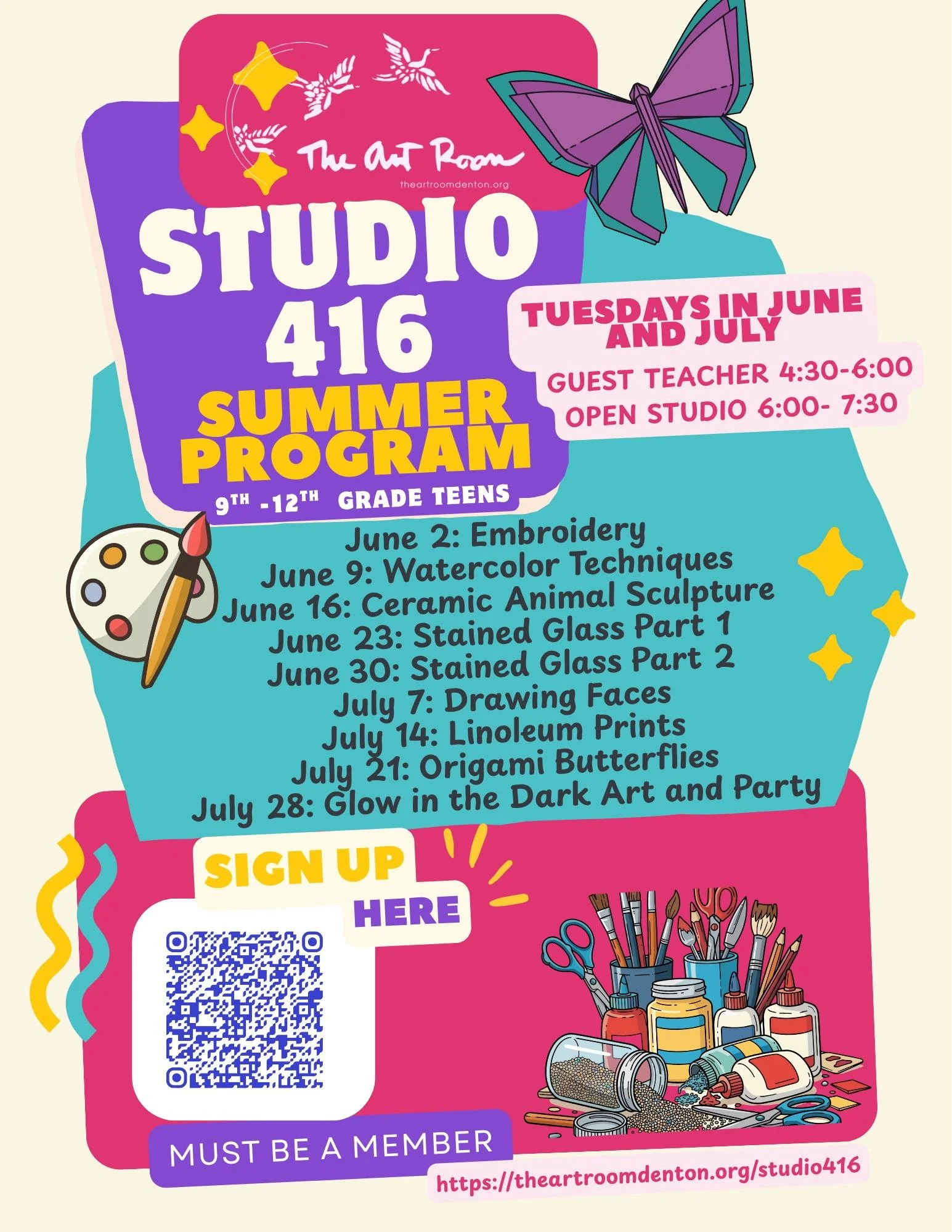 Our Studio 416 Summer Program for adolescents 9th-12th grade begins June 2! Membership in The Art Room required--see our link in bio. 🎨 

Tuesdays in June and July, 4:30-7:30:
June 2 - embroidery
June 9 - watercolor techniques
June 16 -  ceramic ani