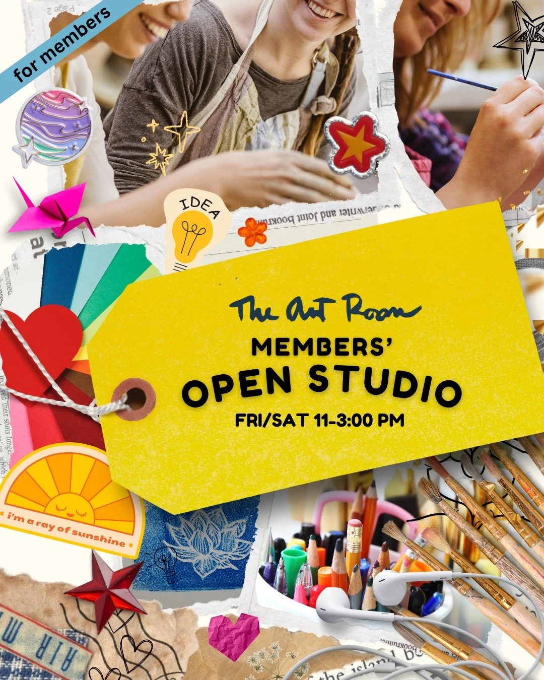 Members, we look forward to seeing you at Open Studio today and tomorrow, 11-3:00pm! We hope you'll enjoy closing out the month of May with a current project, or starting something new. 🖌️

And don't forget: tomorrow is the last day for Members, vol