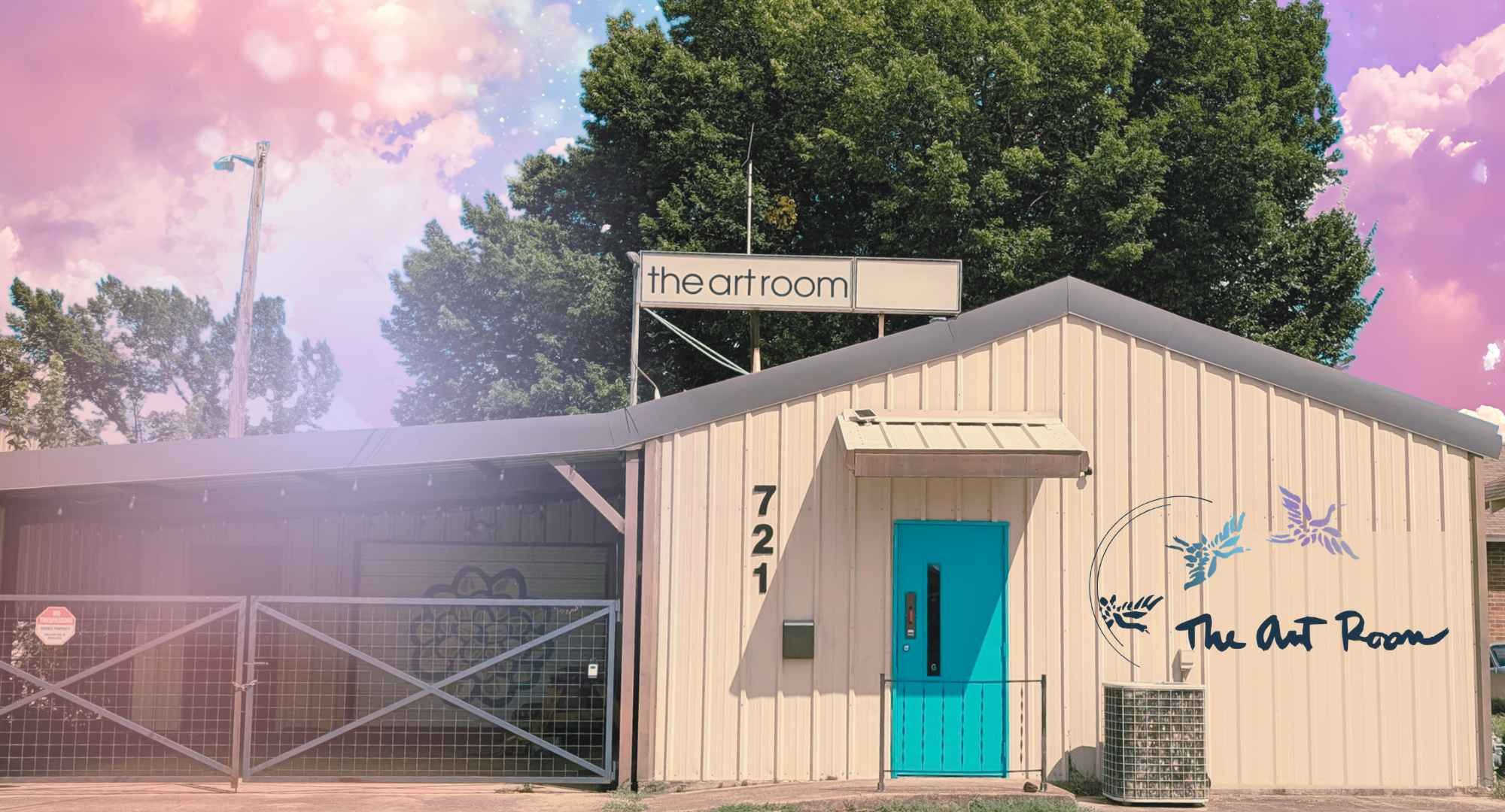 Exterior of The Art Room building with a pink and lavender filter applied