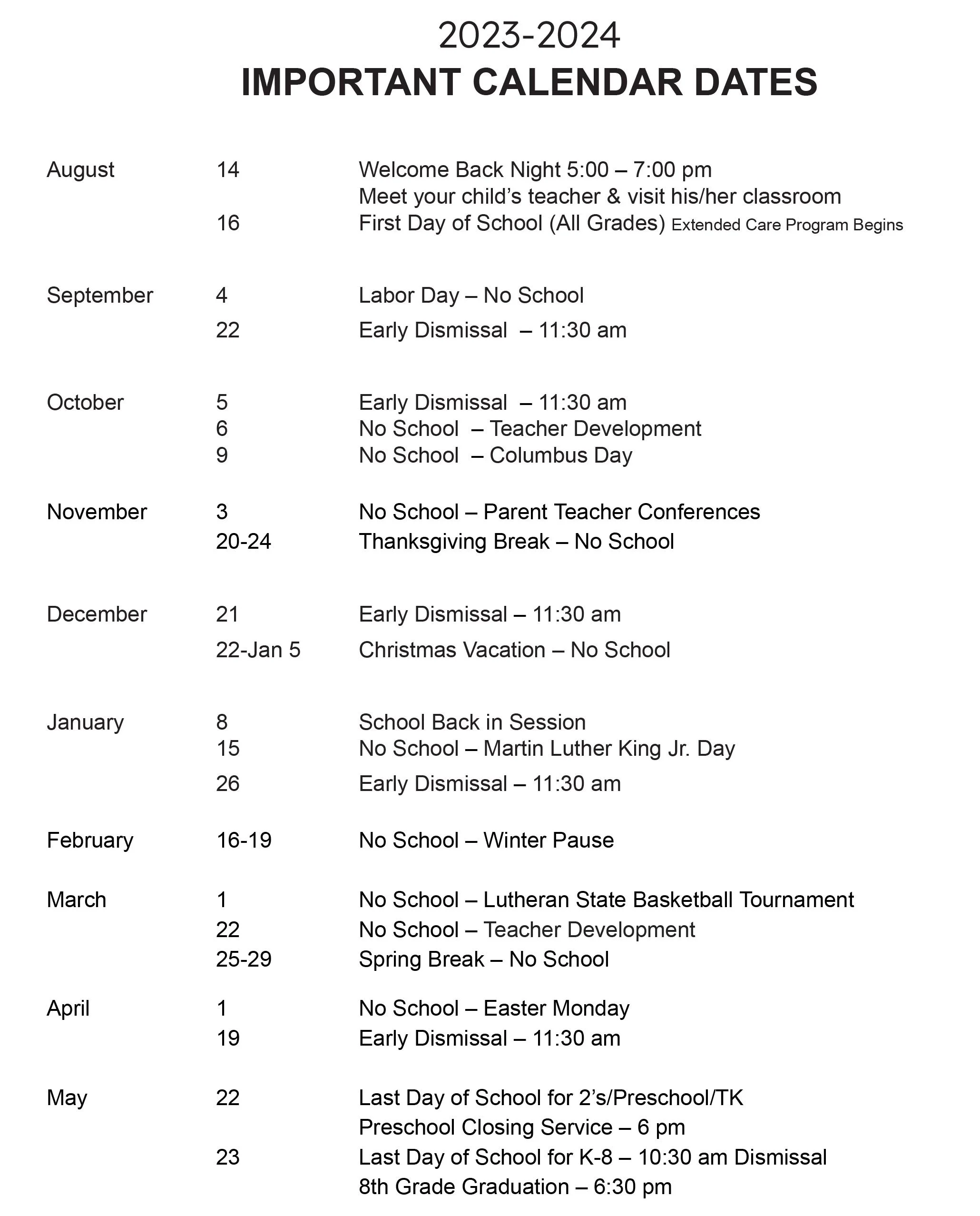 Calendar St Peter Lutheran School Calendar St Peter Lutheran School