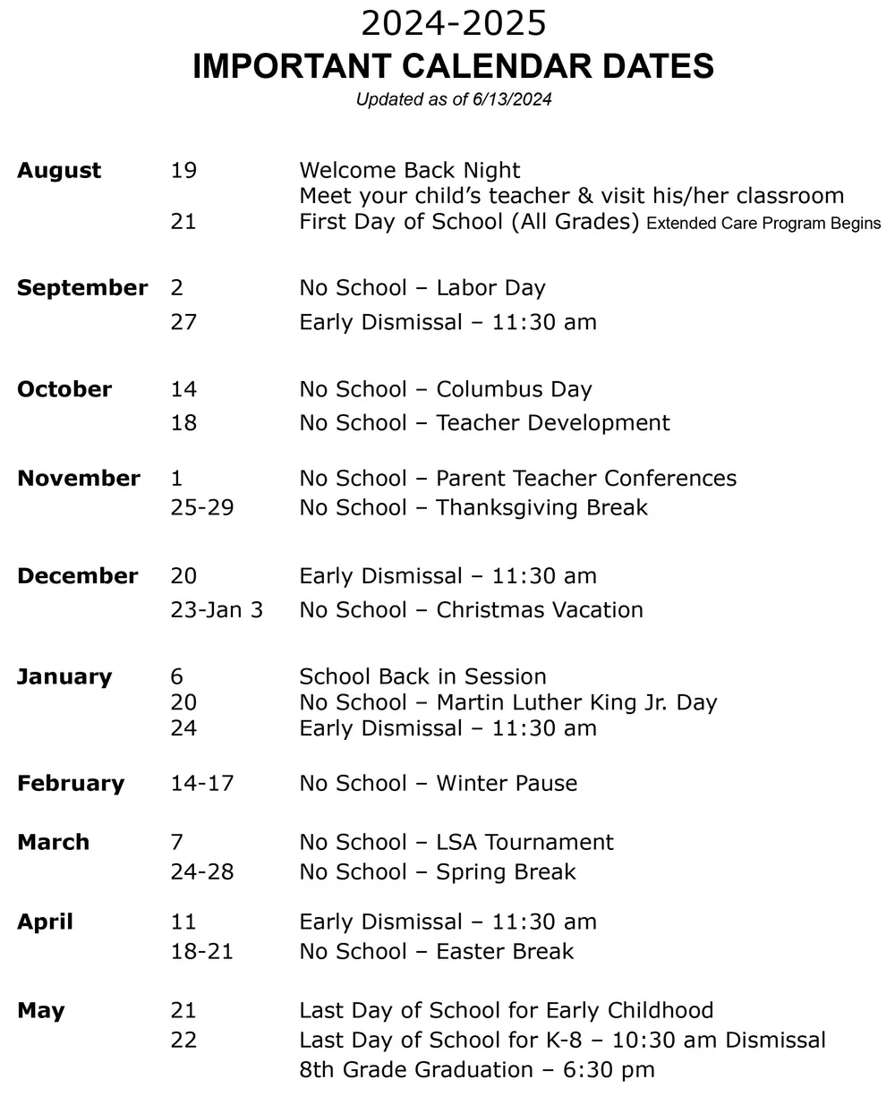 Calendar — St. Peter Lutheran School