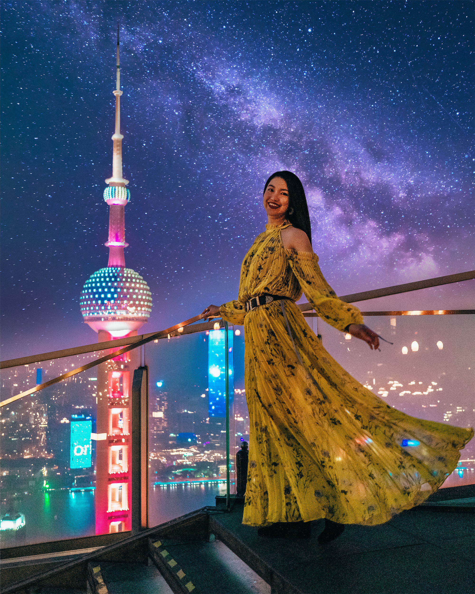 Shanghai’s night-time skyline looks especially alluring from this high up.