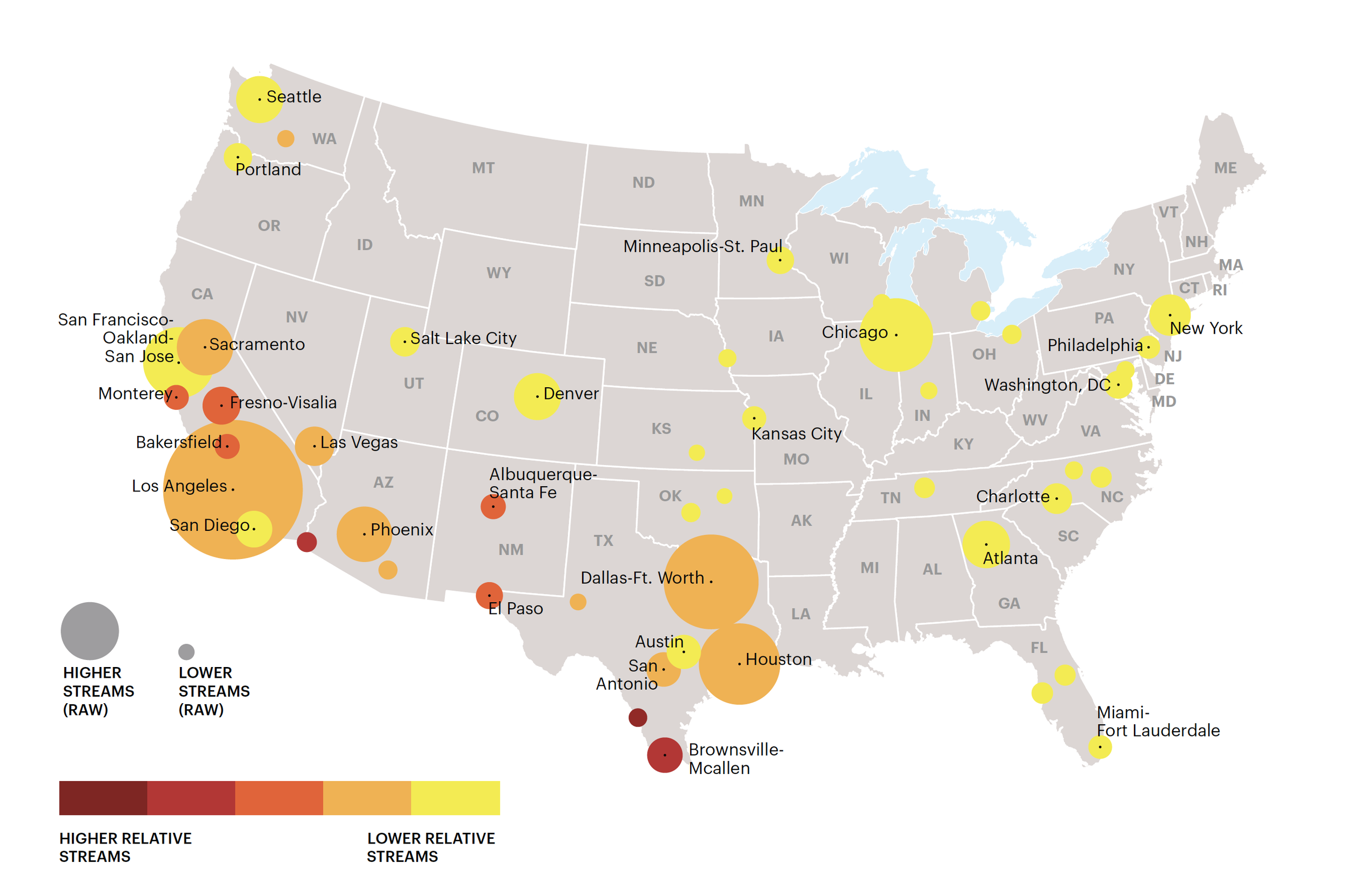  U.S. map showing the streaming activity across the U.S. in 2020 for Natanael Cano, a young Latin music sensation. Includes Top 50 cities by streams, as well as his relative score for each of those top 50 cities.   For Rolling Stone Magazine    