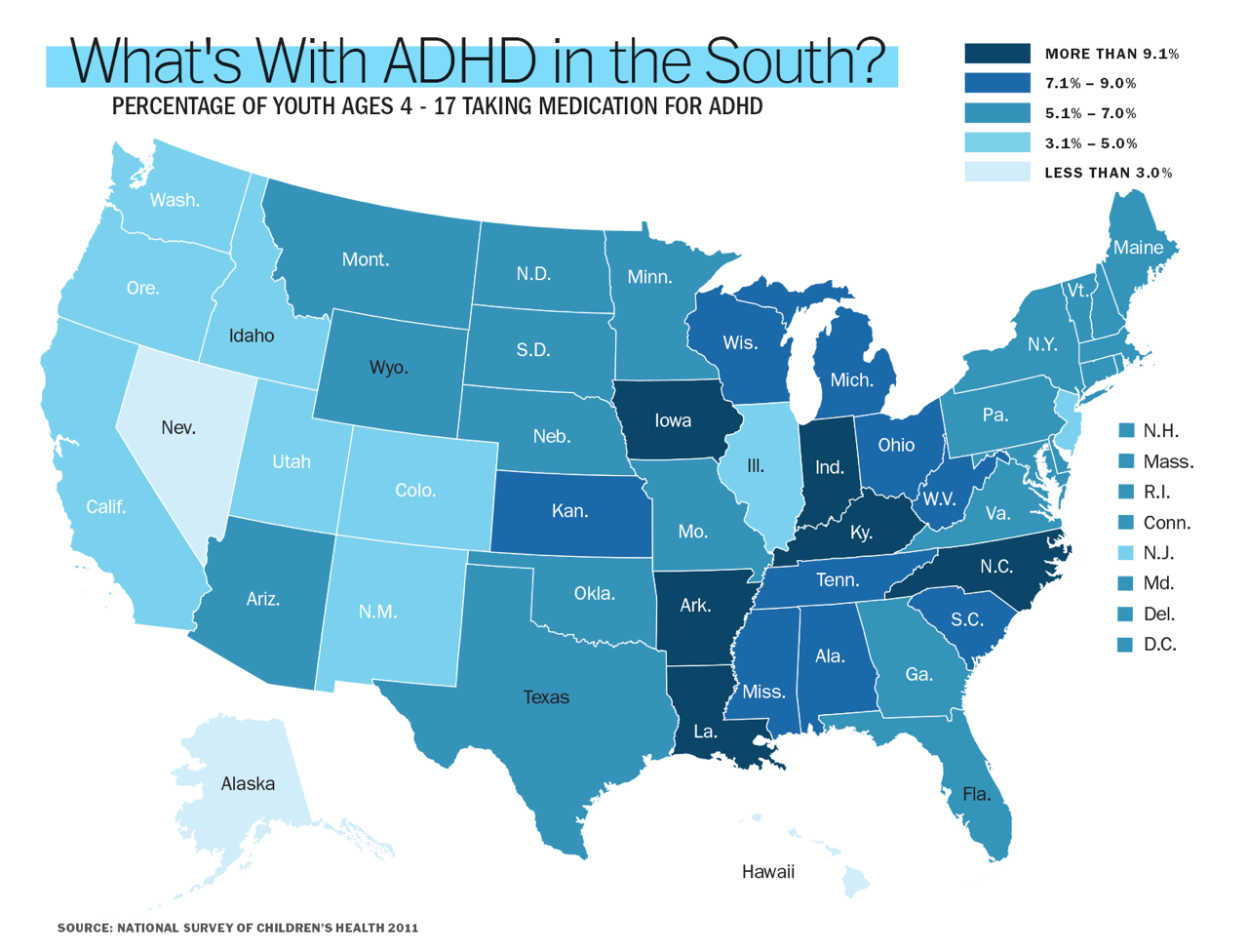  Nationally, the rates of ADHD diagnoses and medical treatment are on the rise, but the CDC’s map reveals dramatic differences between states, with a prevalence of ADHD diagnosis and drug treatment in the south. Stephen Hinshaw, PhD, vice chair of ps