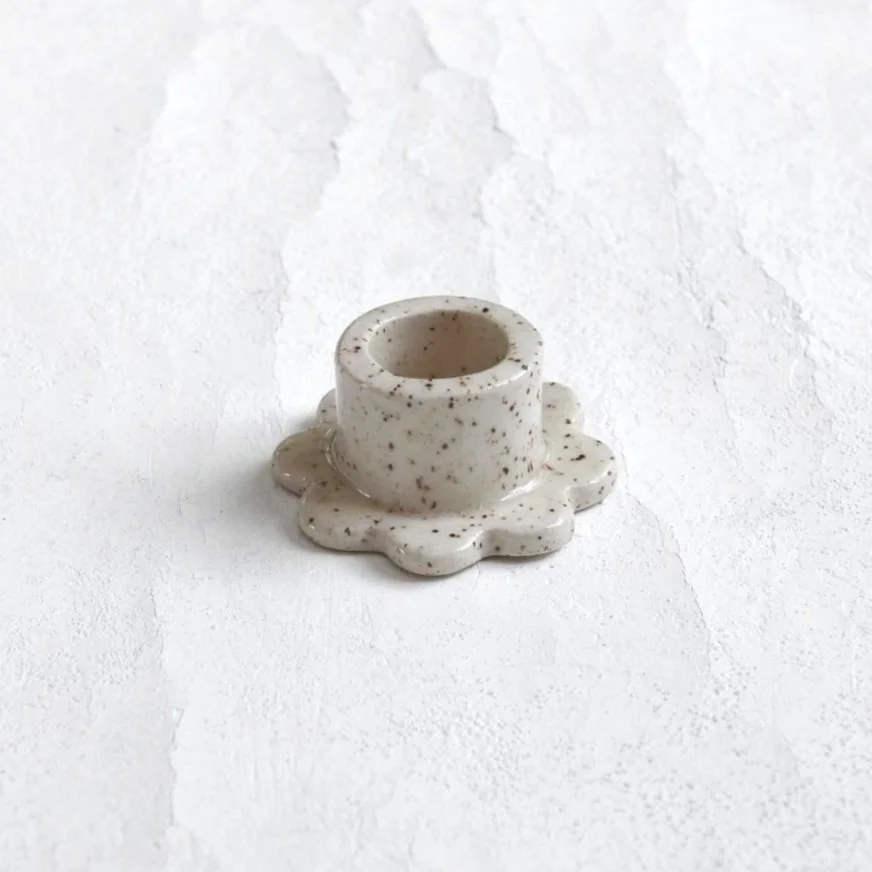 White Speckled Ceramic Daisy Candlestick Holder