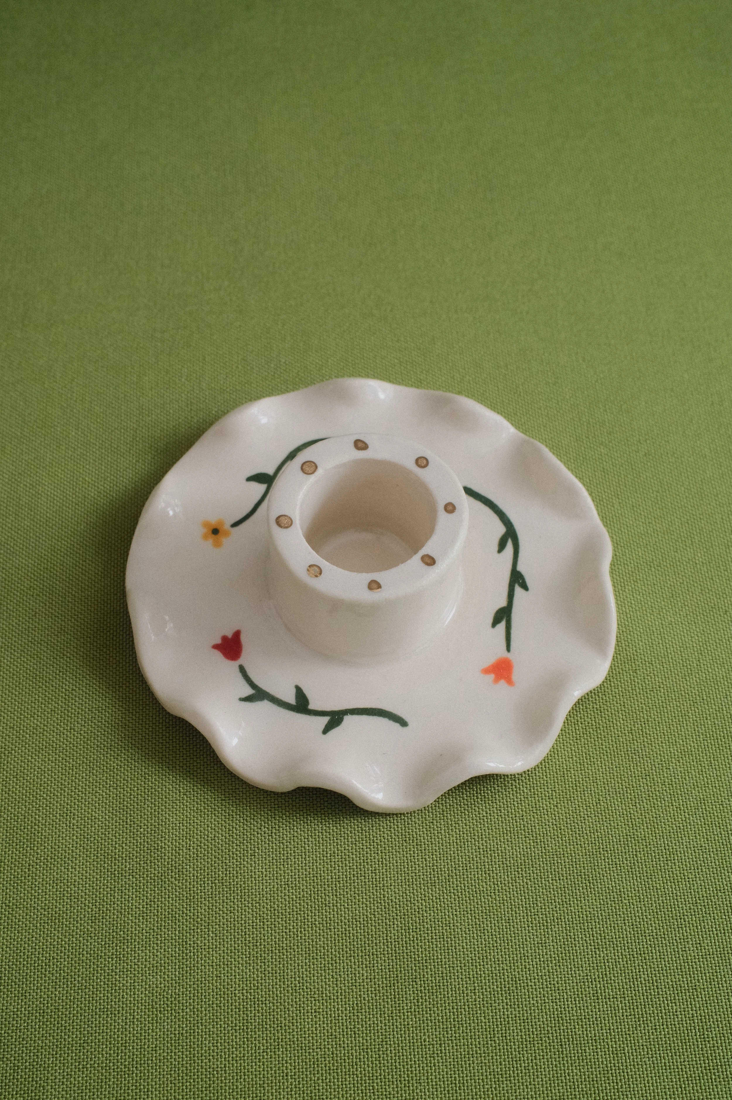 Field of Flowers Ruffled Ceramic Candlestick Holder - Gold Luster Detailing