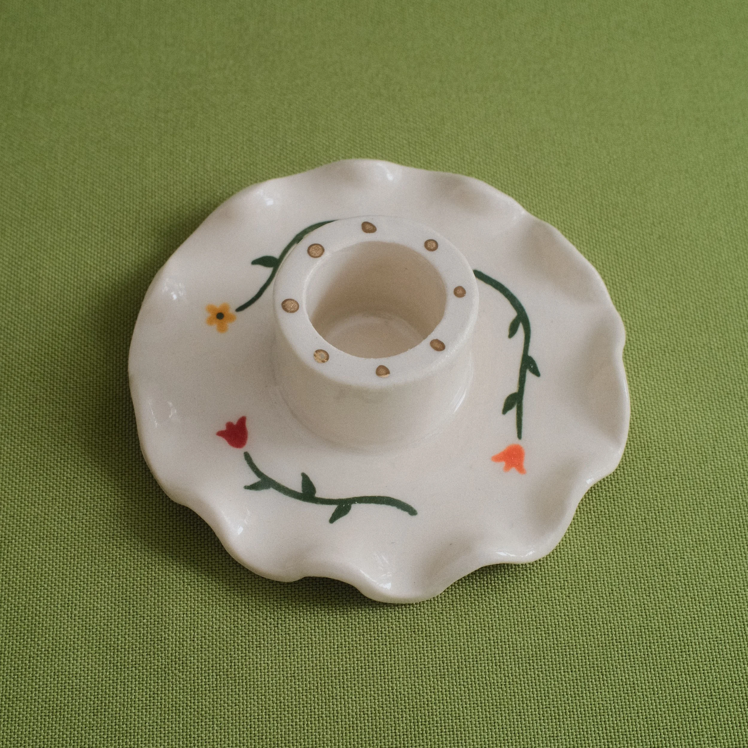 Field of Flowers Ruffled Ceramic Candlestick Holder - Gold Luster Detailing