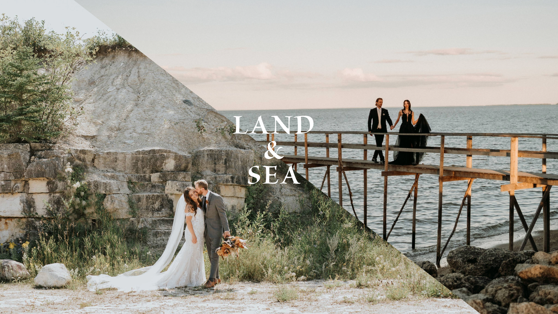 wedding couple embrasing infront of a rock wall, and another couple walking down lake winnipeg pier