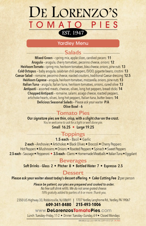 MENUS — De Lorenzo's Tomato Pies Est. 1947