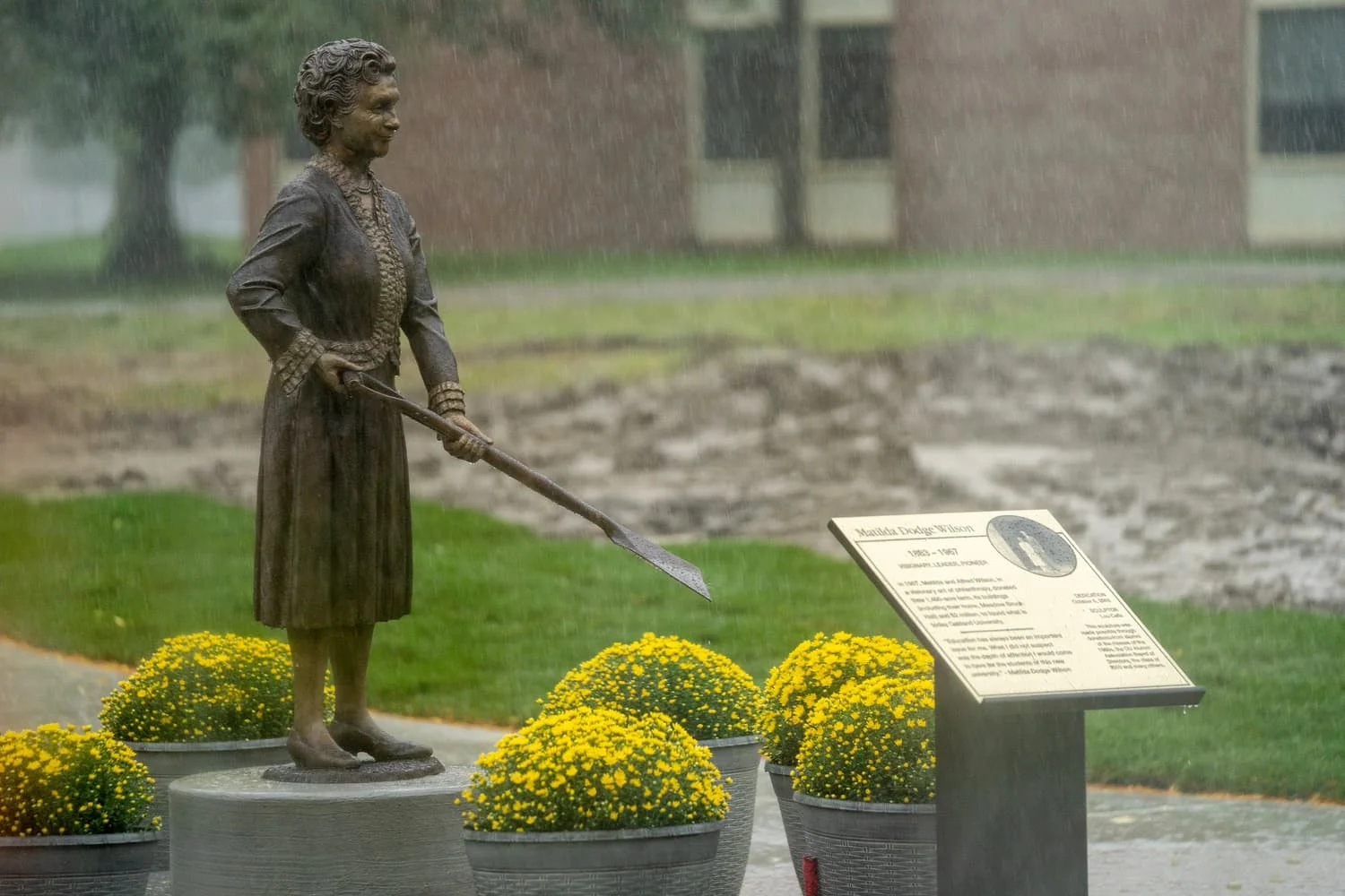Matilda Wilson statue in the rain