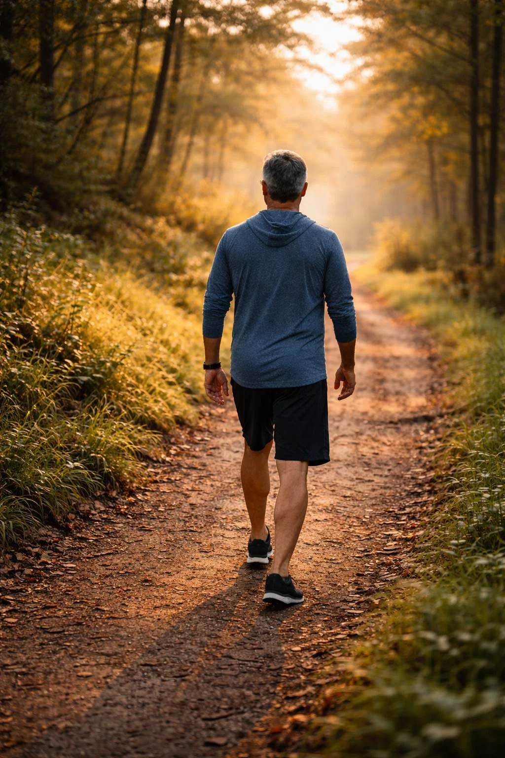 Man walking uphill on a wooded trail, symbolizing steady strength and continuity during prostate cancer treatment.”