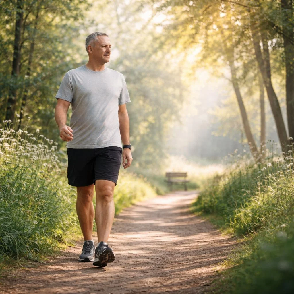 Man walking calmly along a sunlit forest path, illustrating how steady walking supports energy, strength, and recovery during prostate cancer treatment.