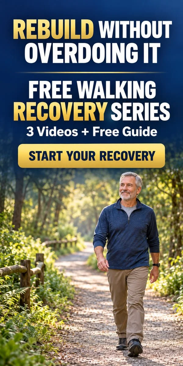 Man walking along a wooded trail with an invitation to rebuild safely through the free WHFR Recovery Series.