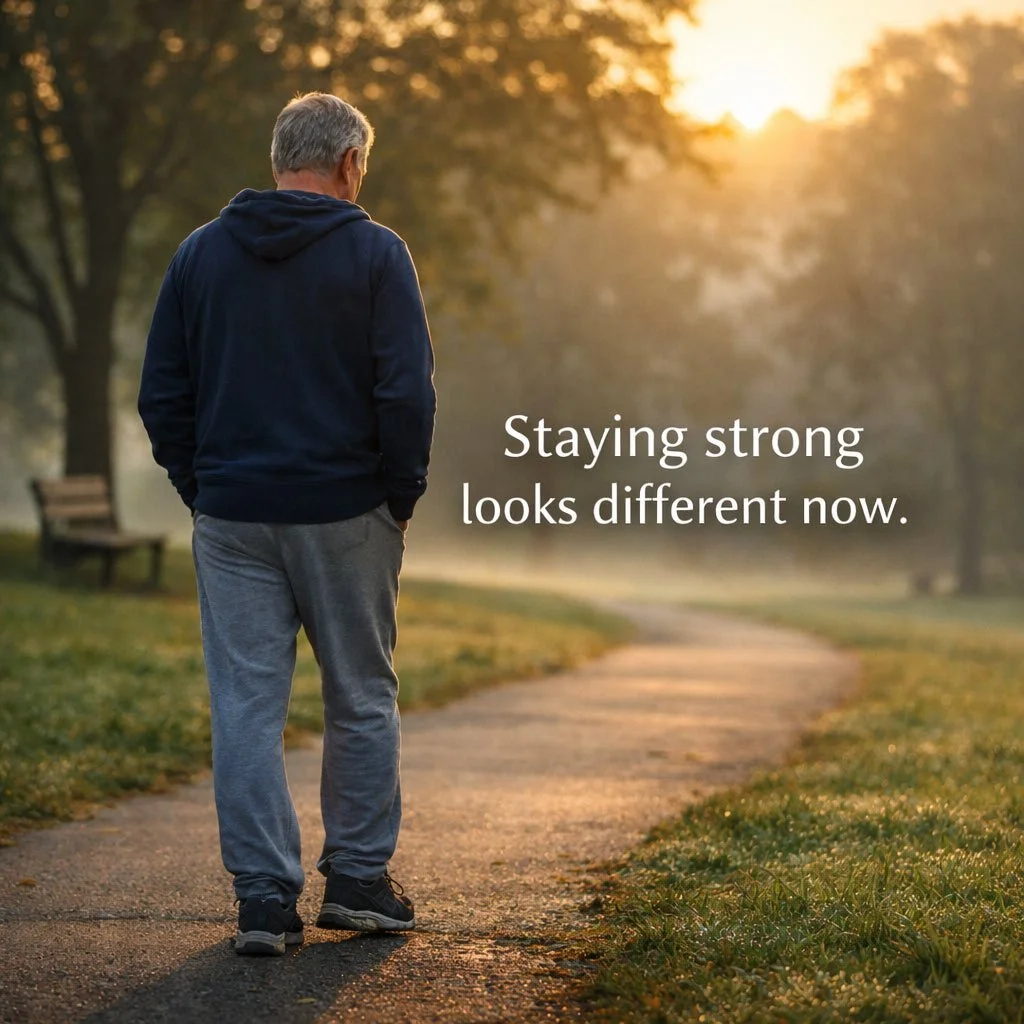 A man walking alone on a quiet park path at sunrise, representing steady strength during prostate cancer treatment.