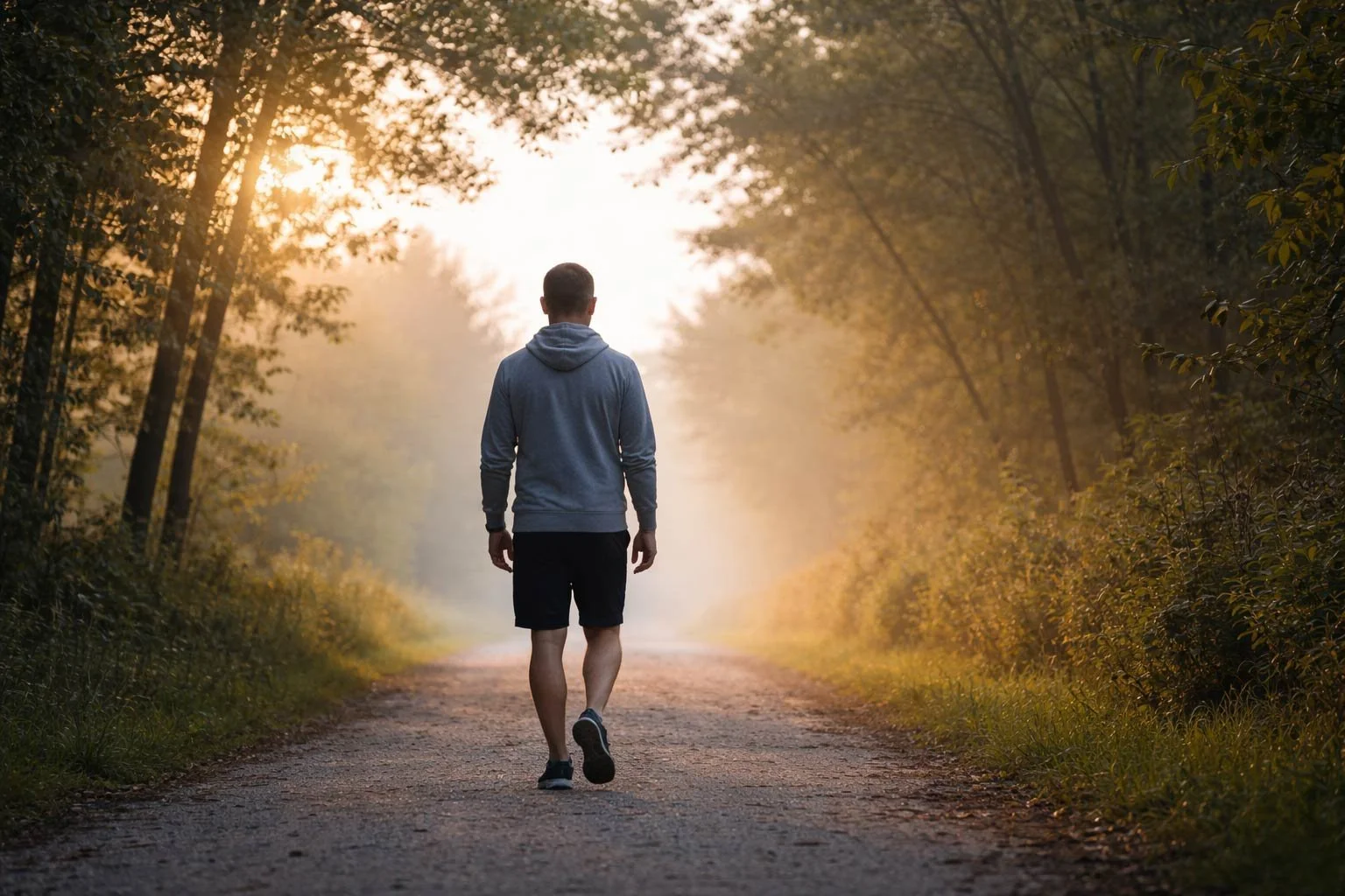 Man walking alone on a quiet wooded path in early morning light, symbolizing reflection, recovery, and moving forward after prostate can