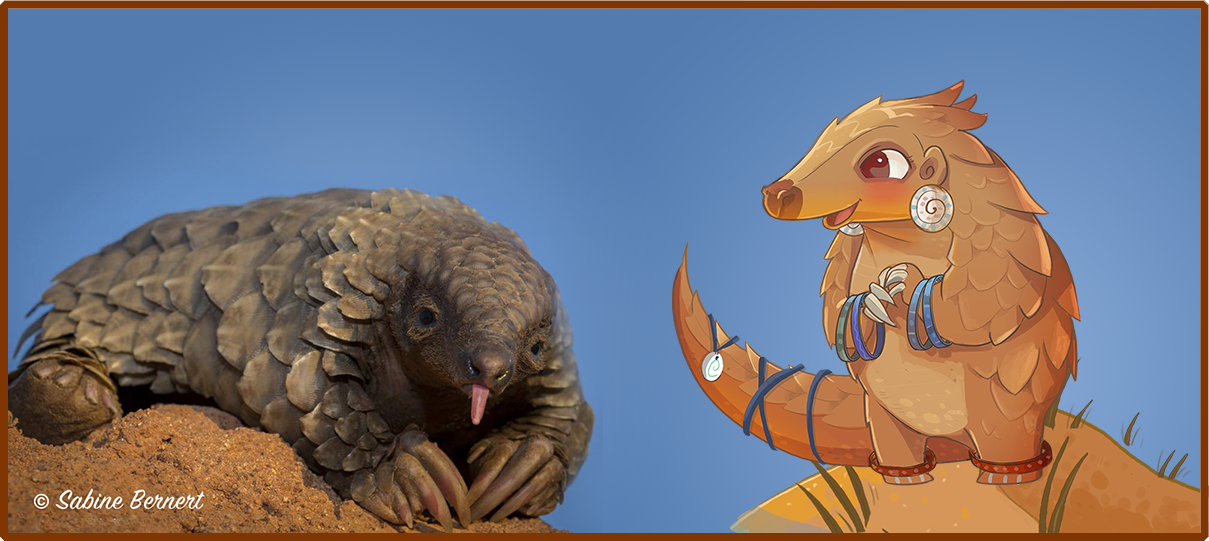 The game’s main character, Katiti, is shown here with her real-life pangolin namesake.