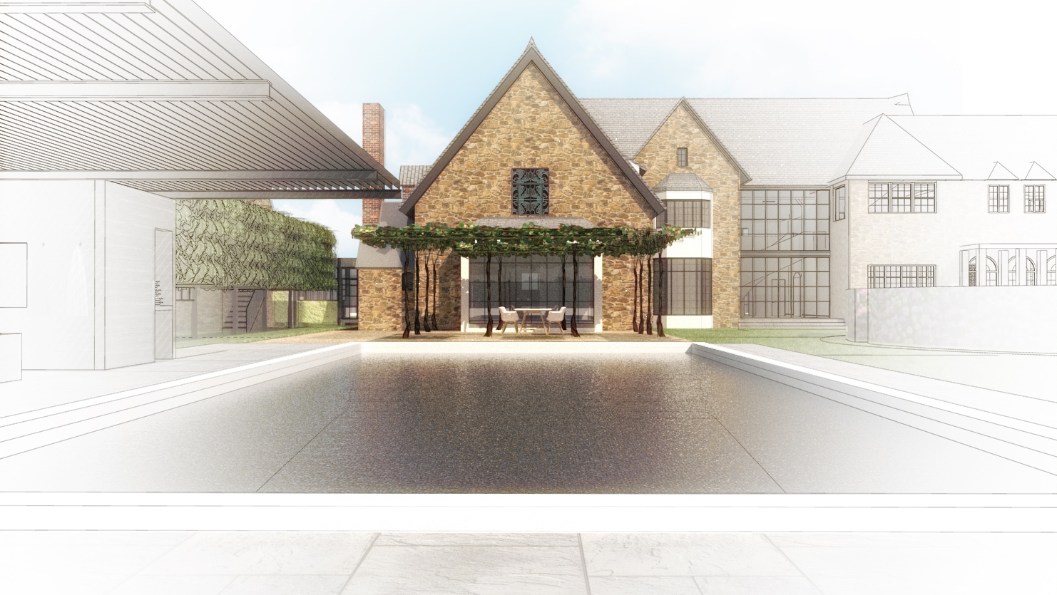 Existing garage architecture is removed to open the living room up to the new pool and re-imagined back yard.