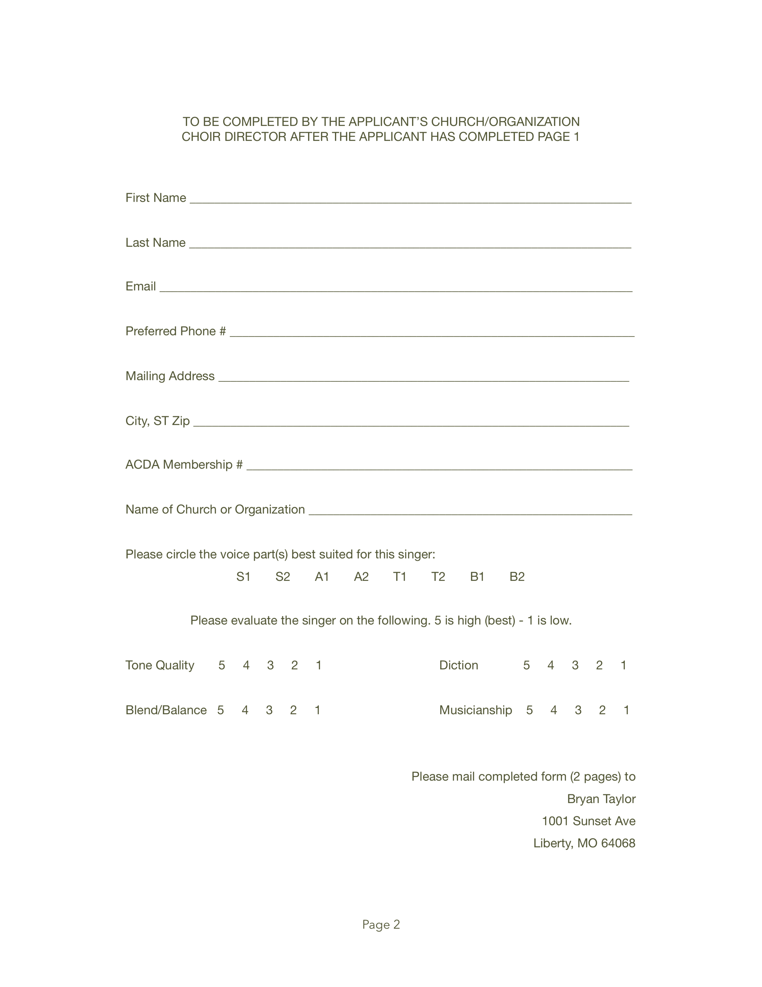Printable Church Honor Choir Application Form — SWACDA