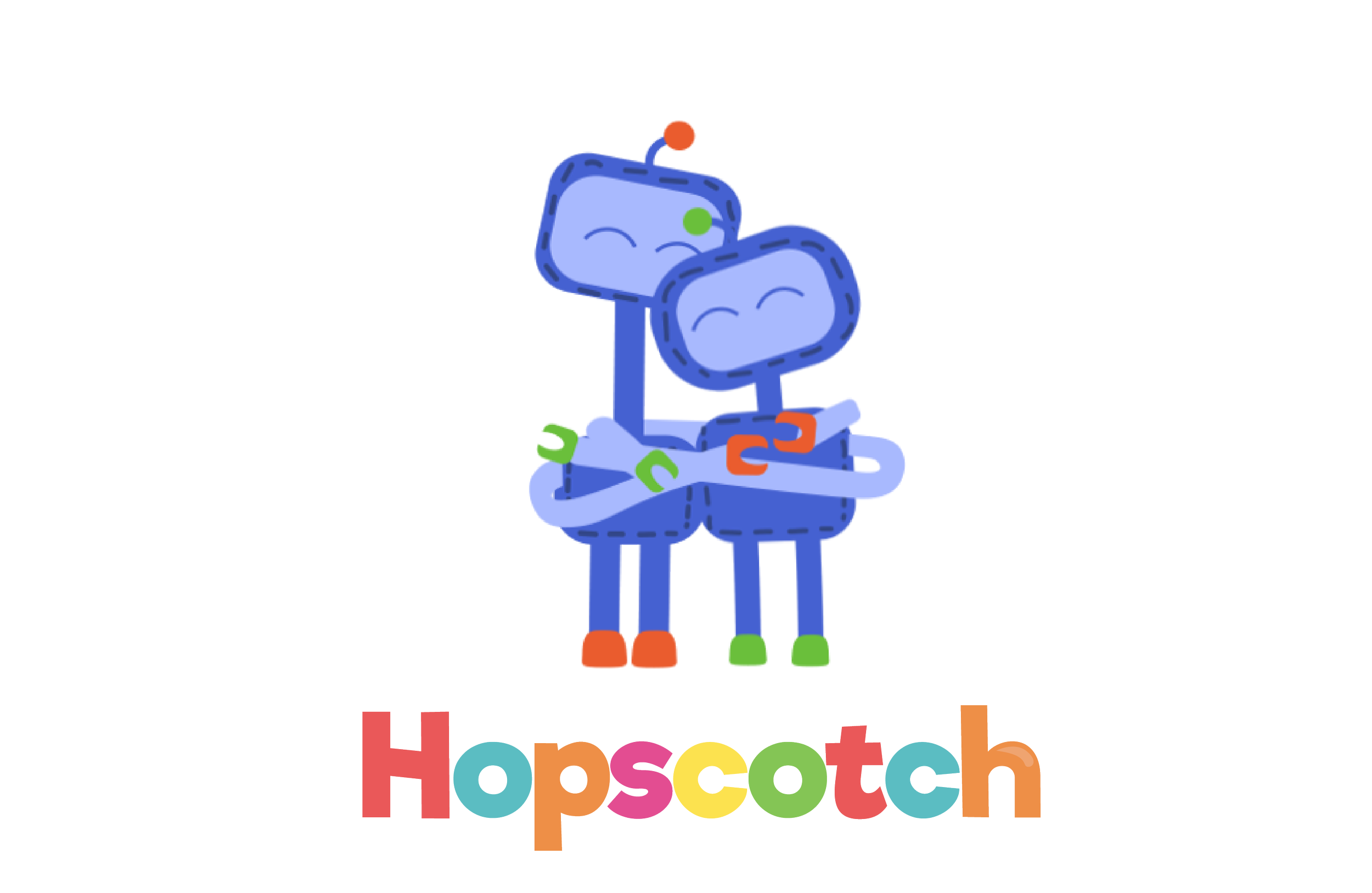 Cute cartoon robot with crossed arms, wearing red and green shoes, standing above colorful text that reads 'Hopscotch'.