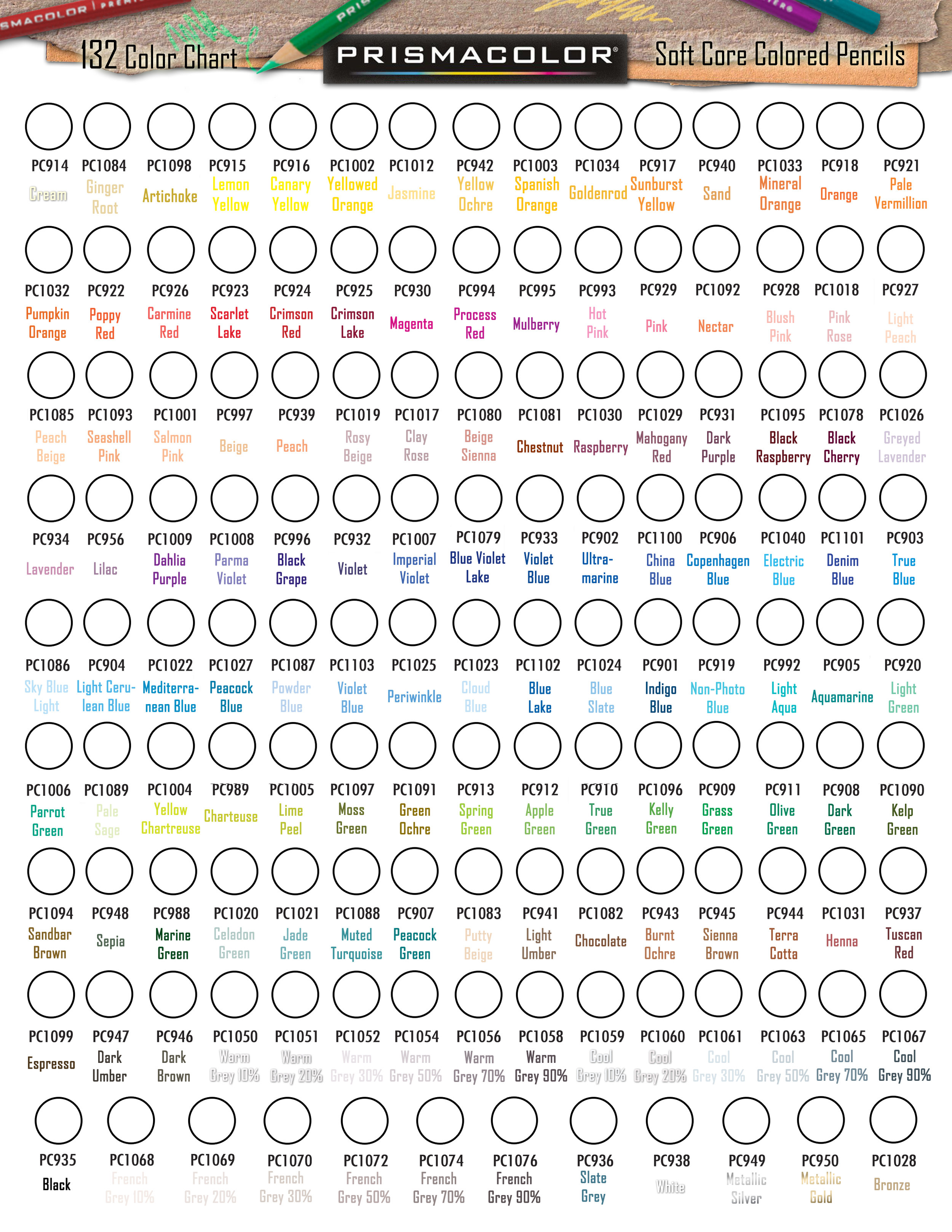 150 Prismacolor Premier Colored Pencils Swatch Chart 