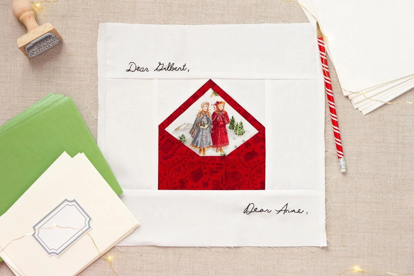 Anne and Gilbert wrote to each other often, so I made this envelope block (pattern from @ayumills book #patchworkplease) and added some embroidery 🧵 to it. I remembered this pattern after seeing @faithessenburg sew up so many Christmas letters with 