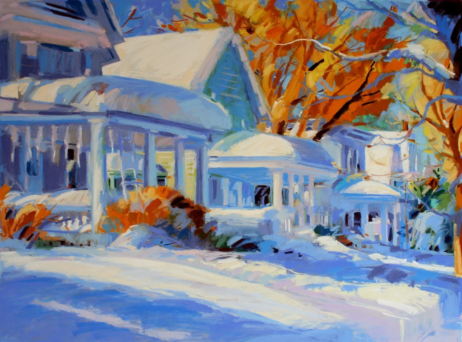 Houses in the Snow, Altamont , 25” x 31” matted and framed pastel by Mary Ellen Riell