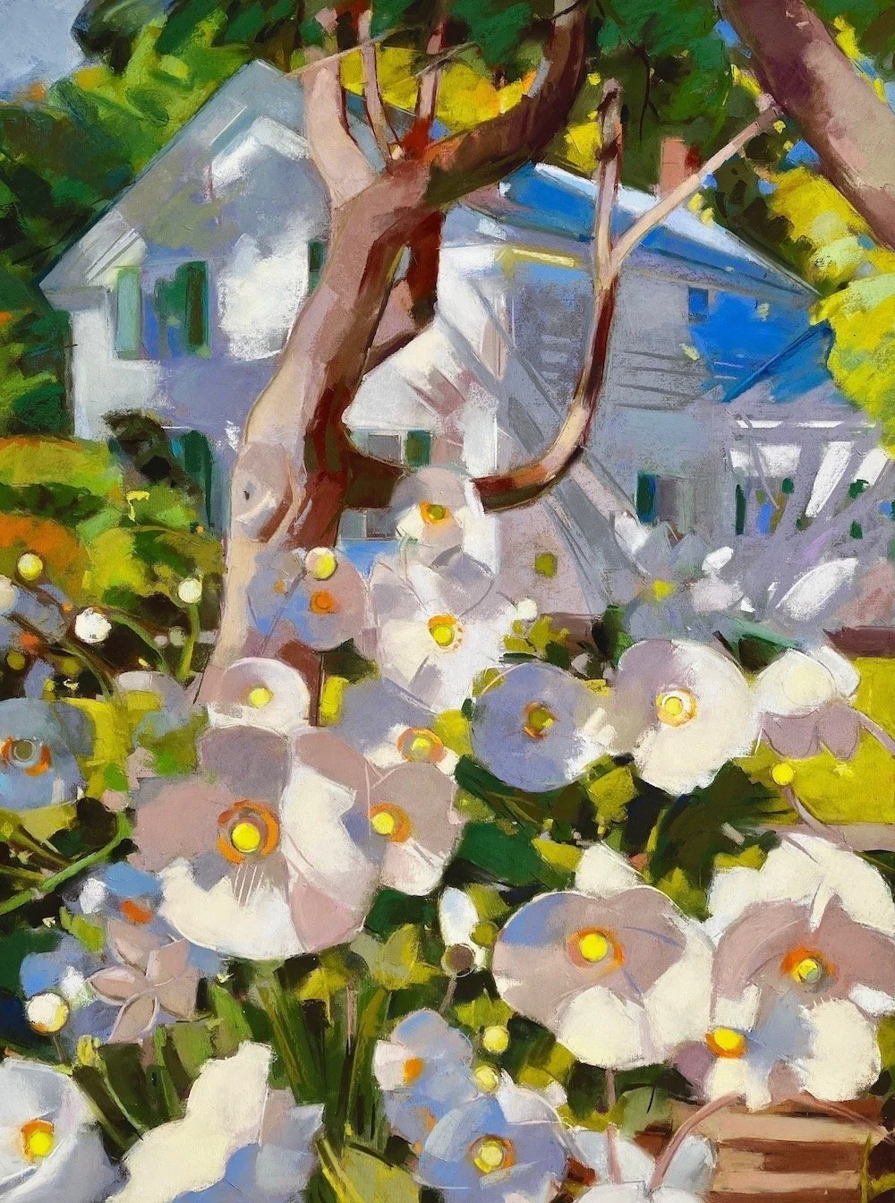  Anemones and Old Maple:  pastel image size: 24 x 17.5”; matted and framed size: 31 x 25” (AW#324) 