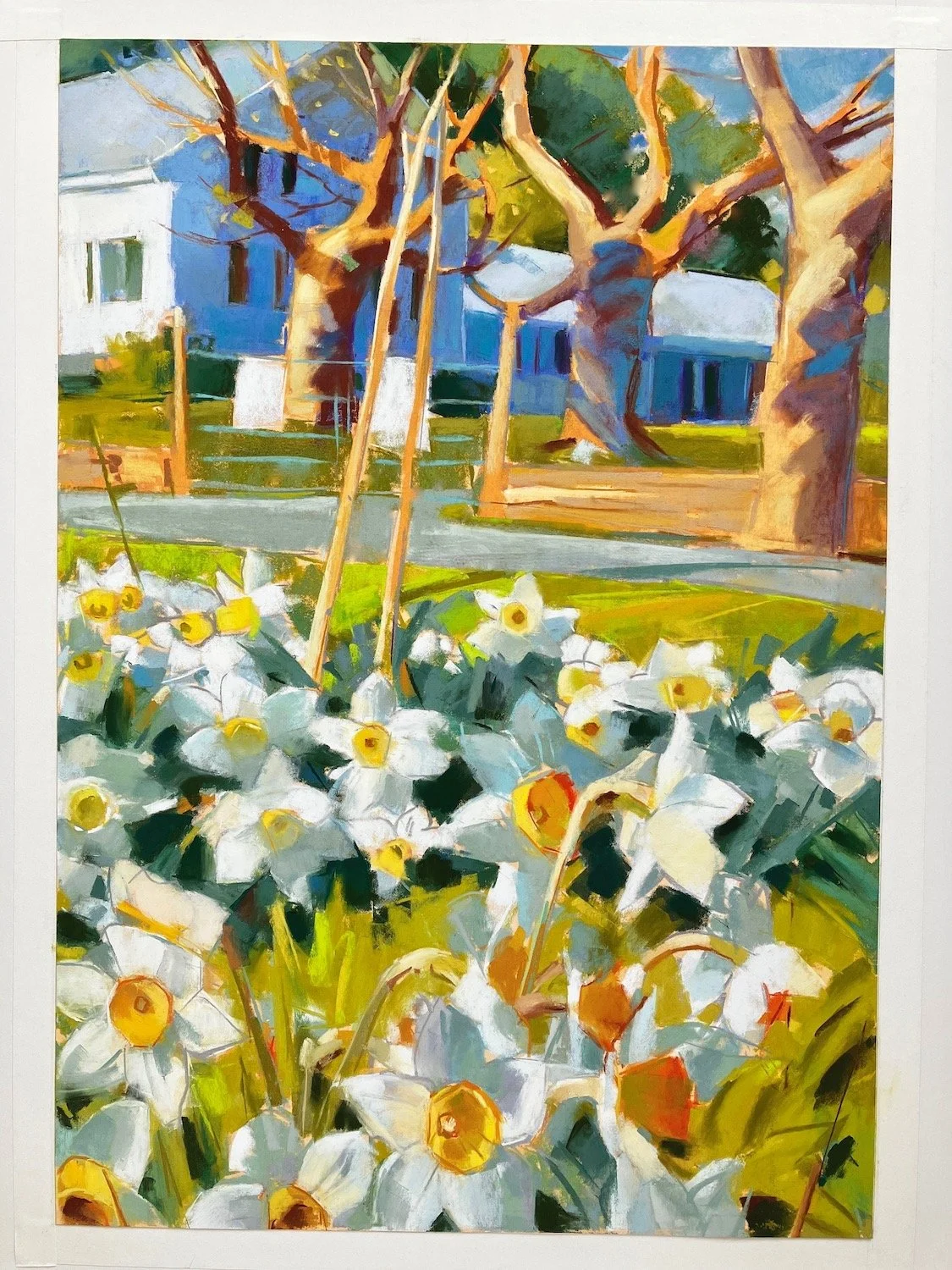   Roadside Daffodils:   pastel image size 19 × 13.5”;  matted and framed size: 25 × 19.5” (AW#321) 