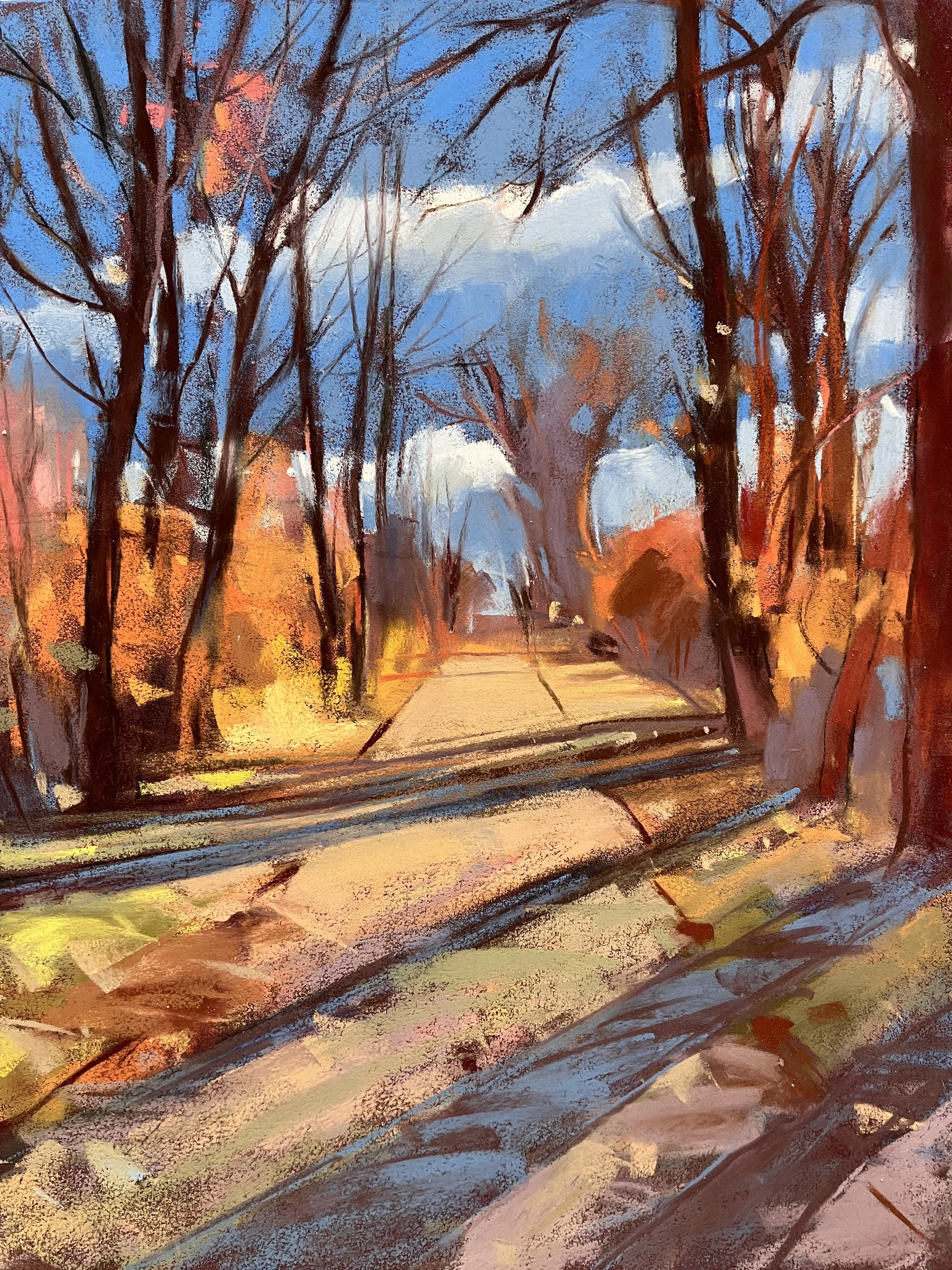   Walking Path, Autumn:   pastel image size: 12” × 9”, matted &amp; framed size” 17” × 14.5” (AW#367)   